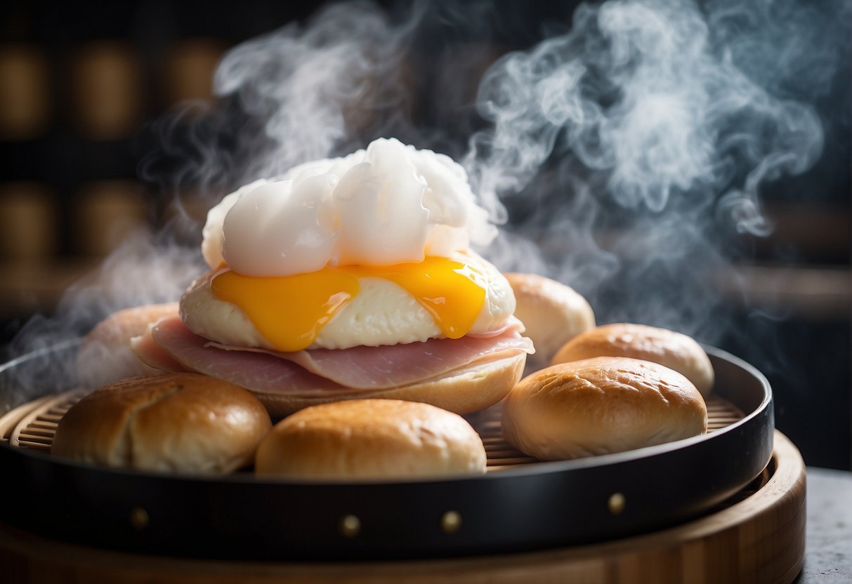 A steaming bamboo steamer filled with freshly steamed Chinese ham and egg buns, with a tantalizing aroma wafting through the air