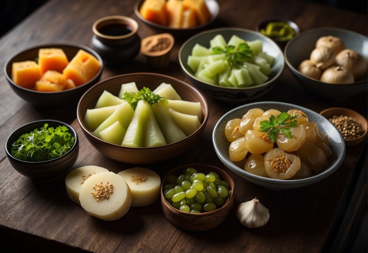 A table set with a variety of Chinese hairy melon dishes, surrounded by ingredients like ginger, garlic, and soy sauce