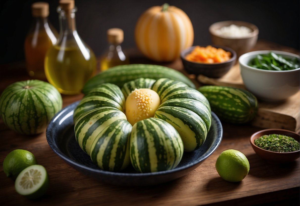 A table filled with various ingredients and cooking utensils, with a Chinese hairy melon as the focal point. Recipe book open to "Frequently Asked Questions chinese hairy melon recipes" nearby