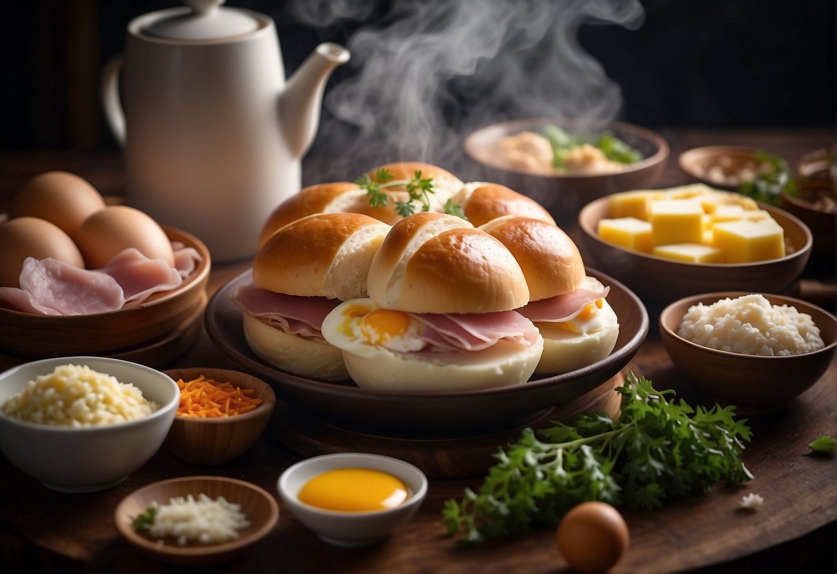 A table with a bamboo steamer filled with freshly steamed Chinese ham and egg buns, surrounded by ingredients like flour, eggs, and ham