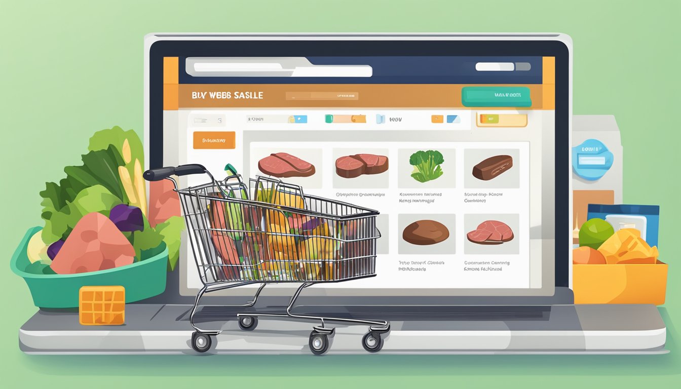 A computer screen displaying a website with various cuts of beef for sale, a shopping cart icon, and a "buy now" button
