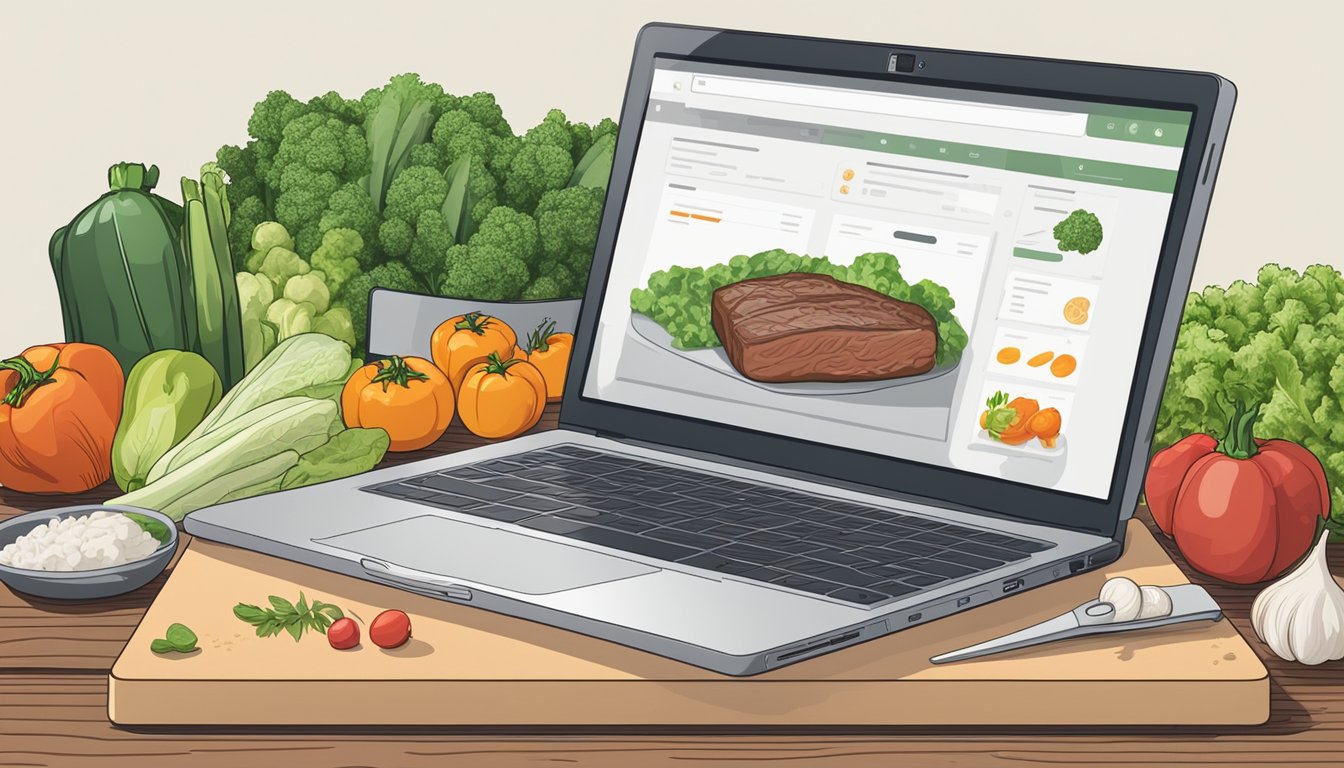 A laptop displaying various options for buying beef online, surrounded by fresh vegetables and a cutting board