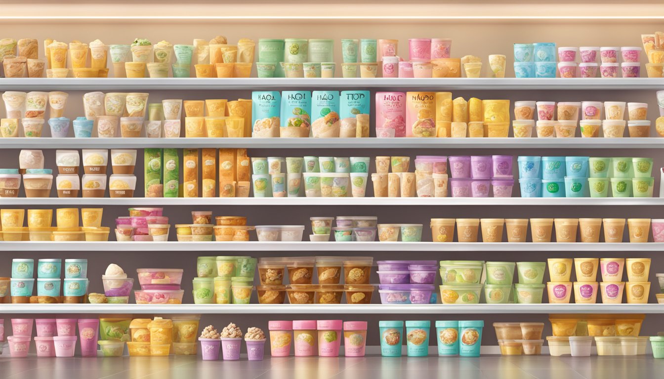A brightly lit grocery store shelf displays various flavors of Halo Top ice cream in Singapore