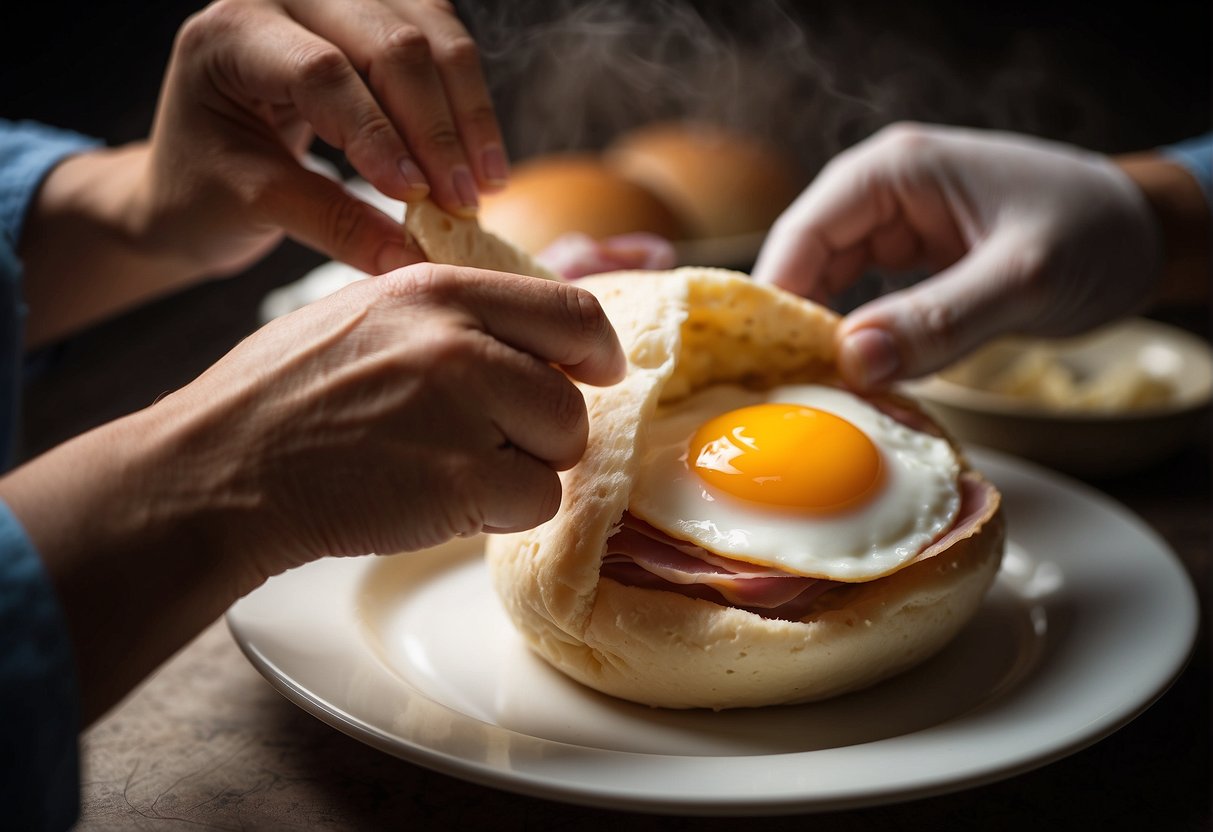 A pair of hands shaping dough, filling it with Chinese ham and egg, then sealing it into a bun