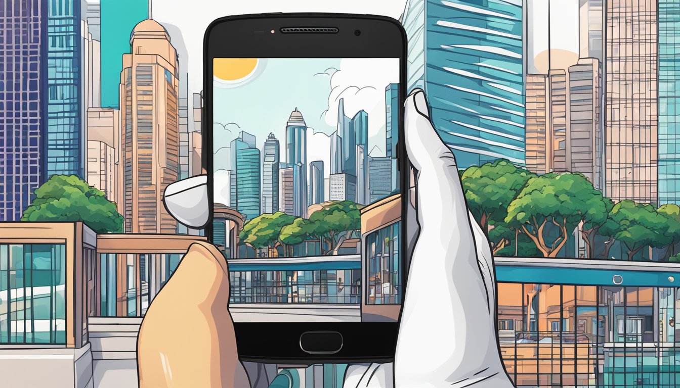 A hand holding a Moto G5 Plus, with a Singapore cityscape in the background