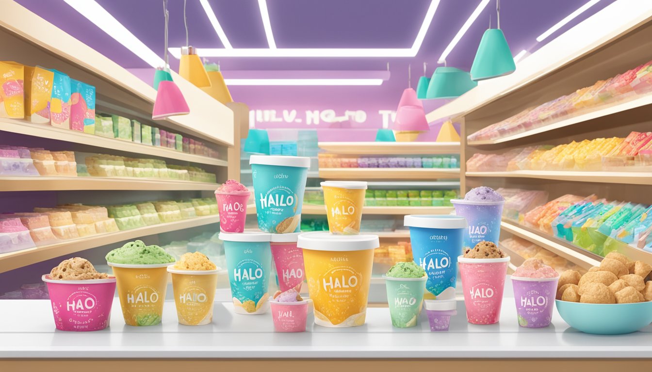 A display of Halo Top ice cream in a brightly lit grocery store, with vibrant packaging and a "low calorie" label, surrounded by other frozen treats