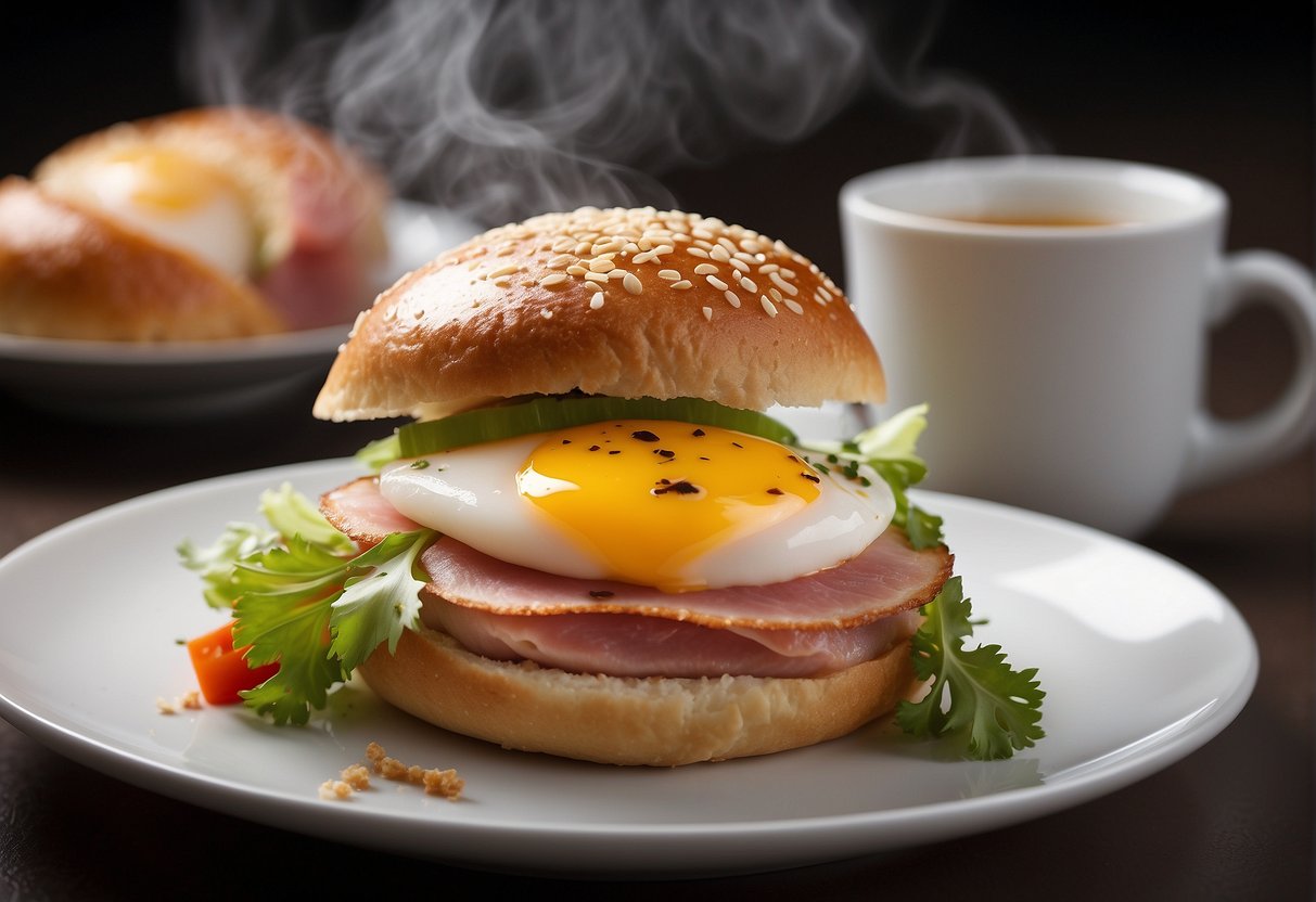 A steaming Chinese ham and egg bun is being served on a white porcelain plate, with steam rising from the fluffy bun and the savory filling spilling out