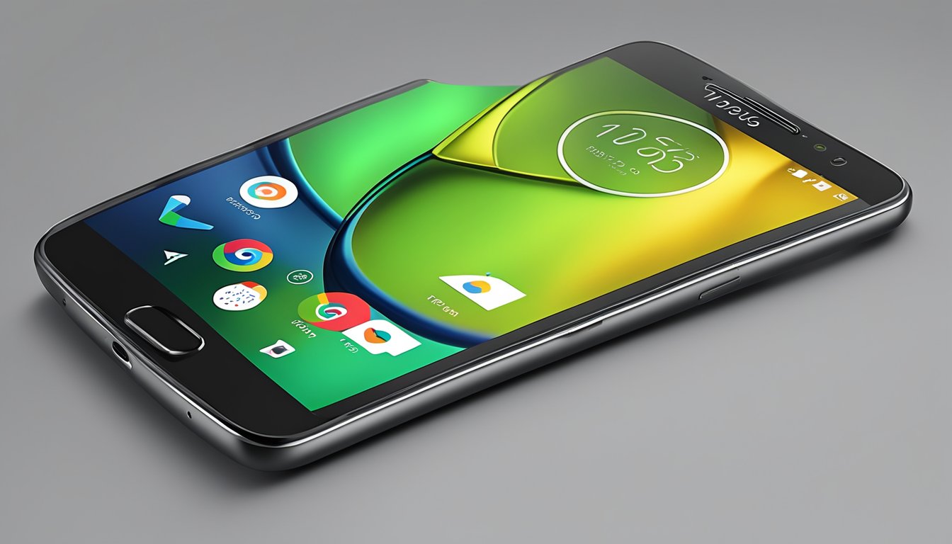 The Moto G5 Plus is being revealed on a sleek, modern display stand, with bright lights illuminating its sleek design and vibrant screen