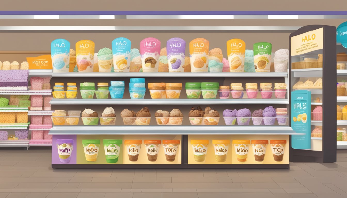 A display of various Halo Top ice cream flavors in a Singaporean grocery store, with a prominent "Where to Buy" sign