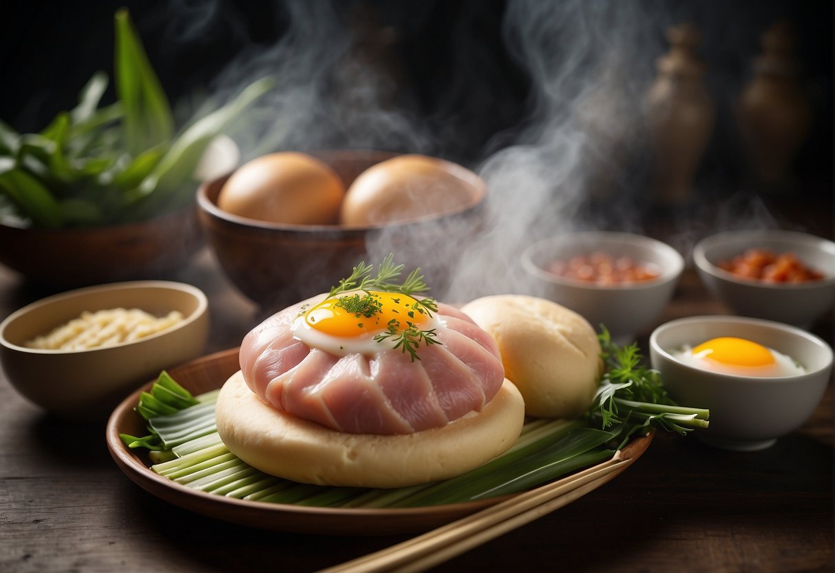 A steaming bamboo steamer filled with freshly made Chinese ham and egg buns, surrounded by traditional Chinese ingredients and utensils