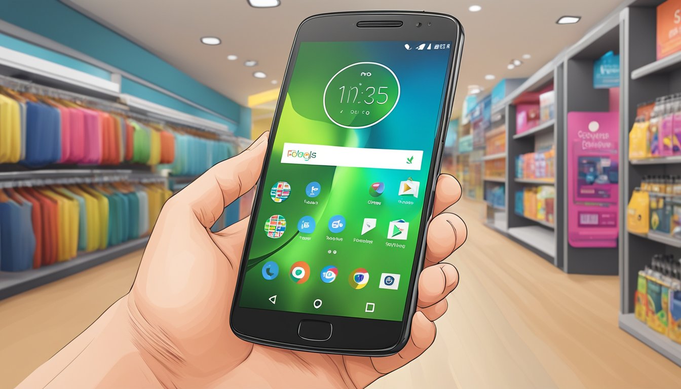 A hand reaches for a brand new Moto G5 Plus in a store in Singapore, with a sign advertising special offers