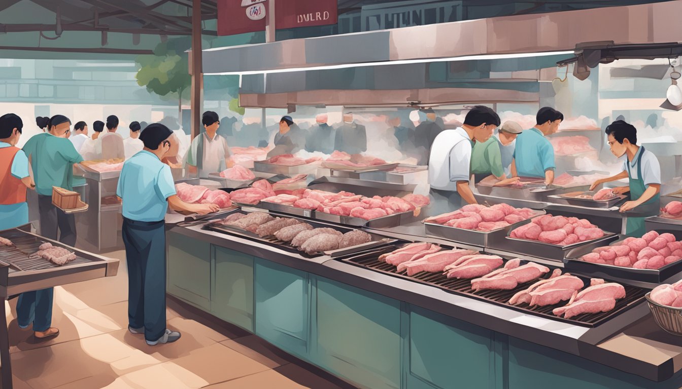 A butcher's stall displays fresh lamb chops in a bustling Singapore market