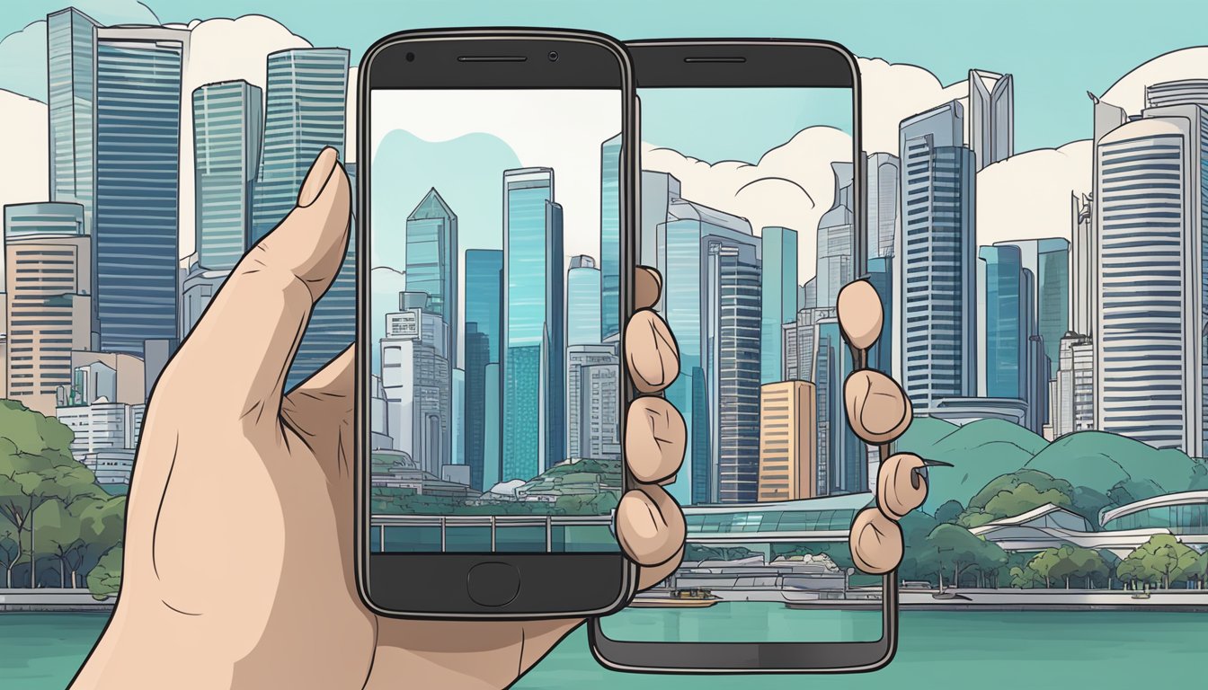 A hand holding a sleek moto g5 plus with the Singapore skyline in the background, surrounded by frequently asked questions text