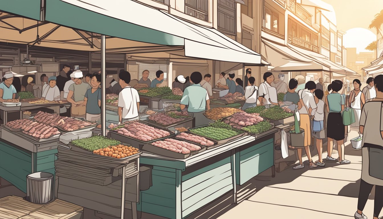 A bustling market stall displays rows of succulent lamb chops, glistening under the warm Singaporean sun, while eager customers line up to make their purchases
