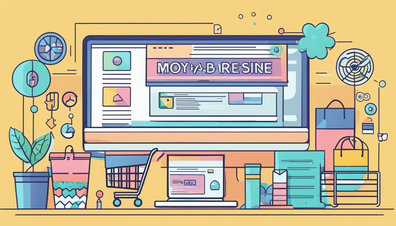 A computer screen displaying a website with the words "myobrace buy online" in bold letters, surrounded by colorful product images and a shopping cart icon
