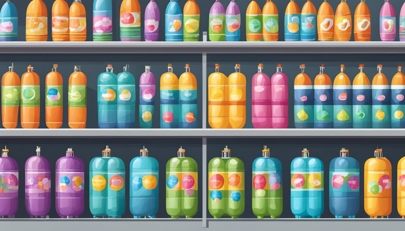 Brightly colored helium tanks lined up on shelves in a Singapore store, with a sign advertising "Maximising Your Helium Balloon Experience."