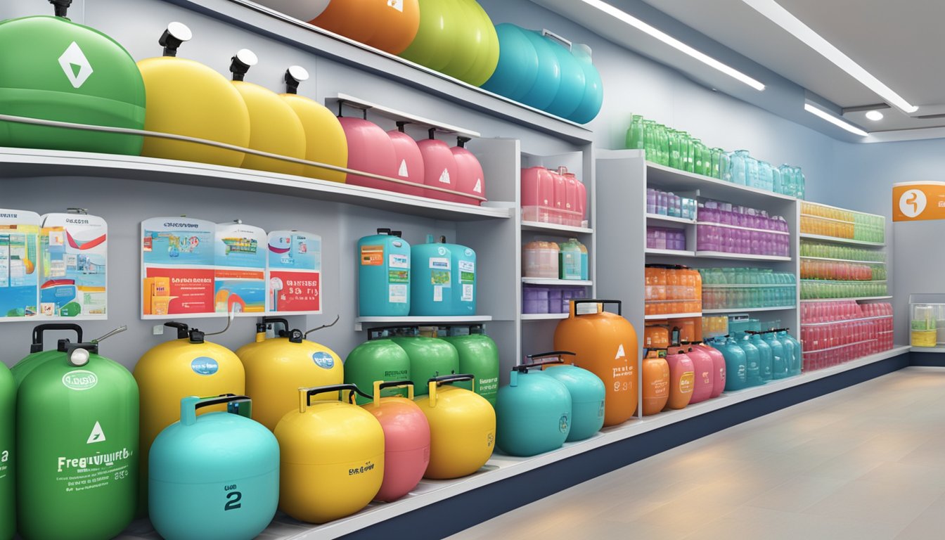 A store display of helium gas tanks with a "Frequently Asked Questions" sign in Singapore