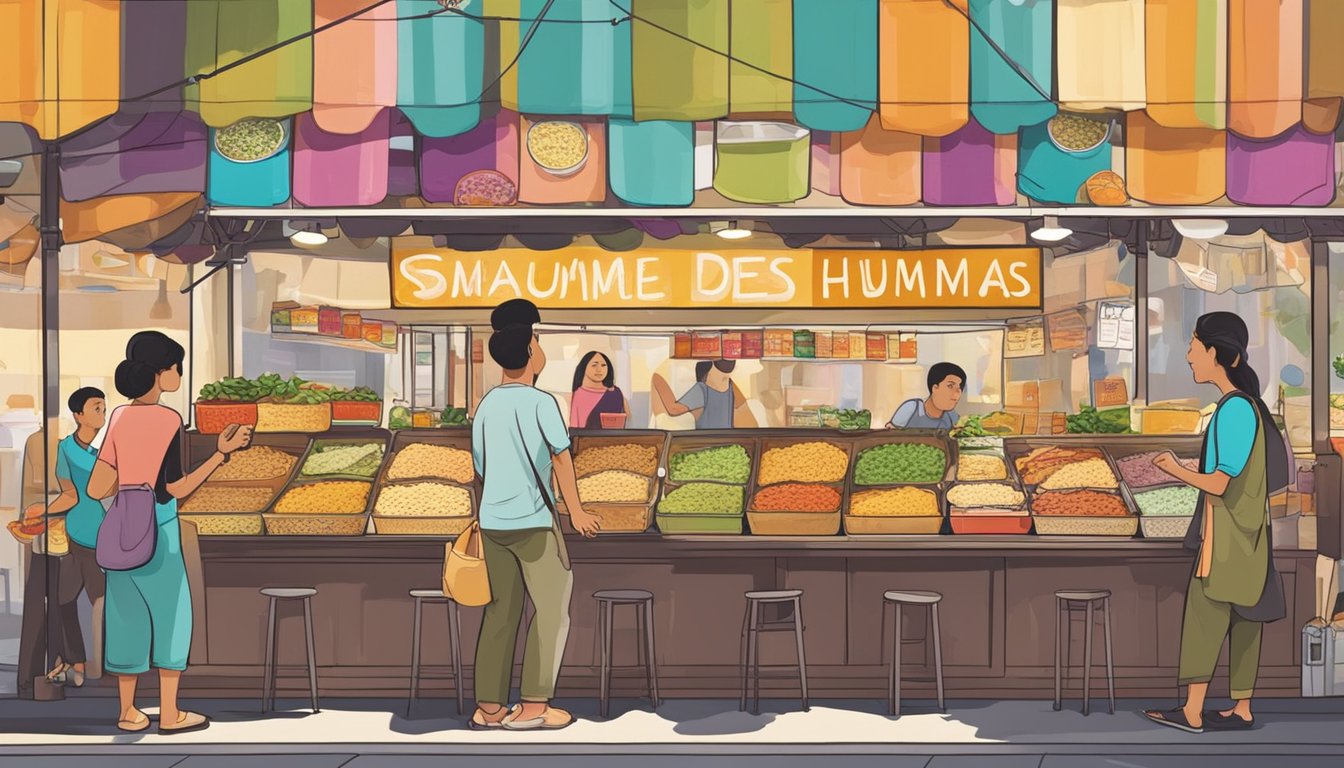 A bustling market stall displays various flavors of hummus in Singapore. Brightly colored signs advertise the different options, while customers browse and sample the creamy dips