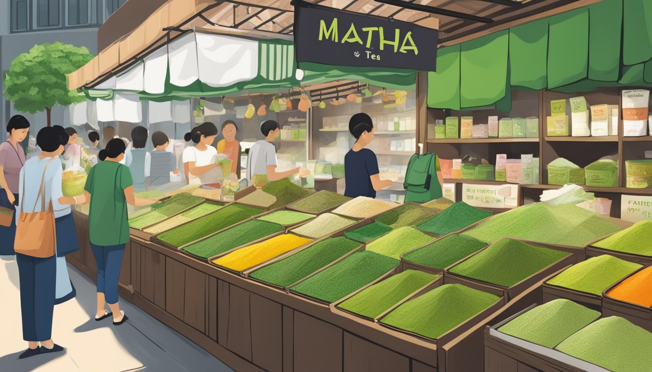 A bustling market stall displays vibrant matcha green tea powder in Singapore. Shoppers browse the selection, while a vendor arranges the products