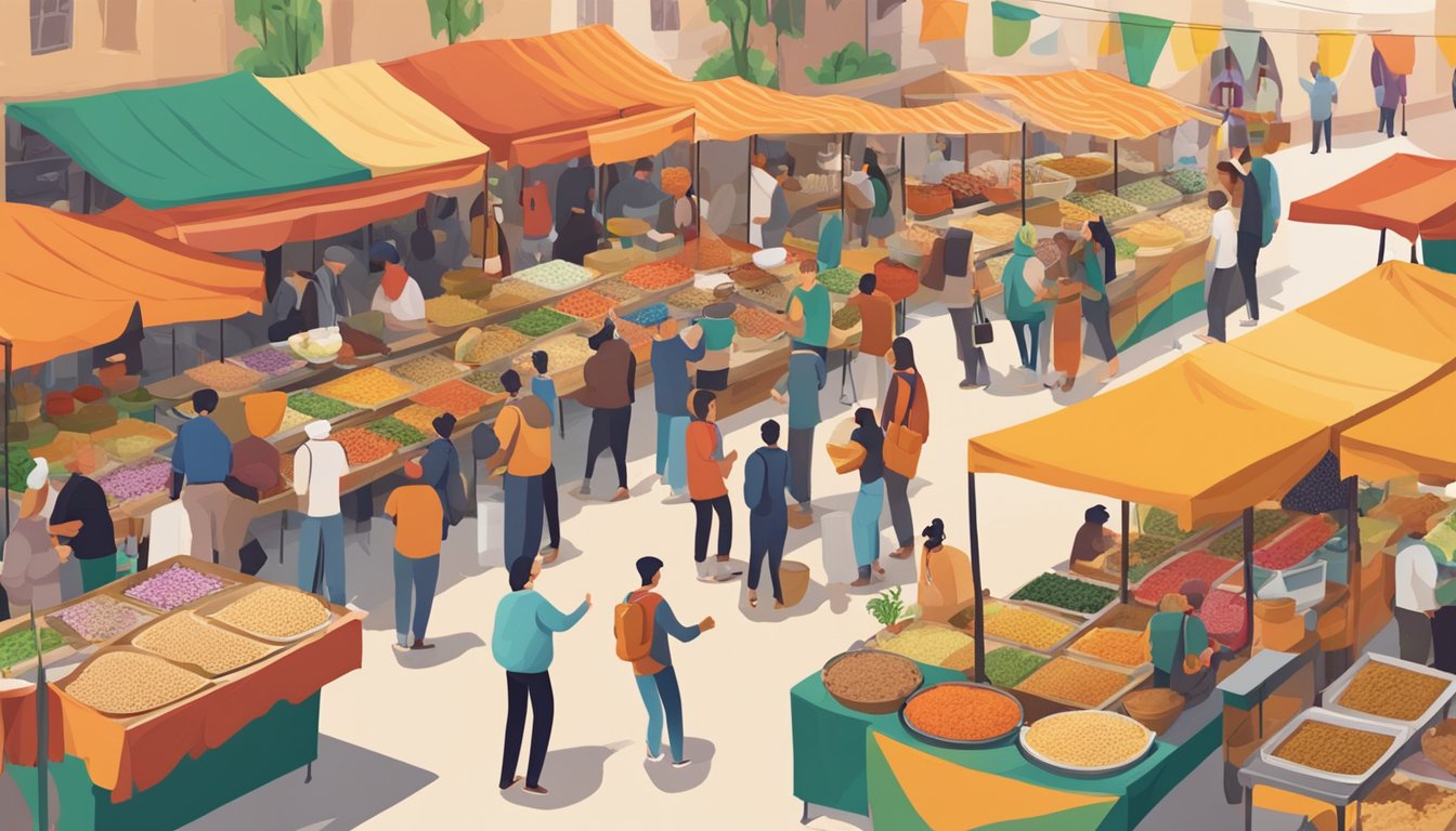 A bustling marketplace with colorful stalls showcasing various types of hummus. Customers sample and purchase hummus from friendly vendors