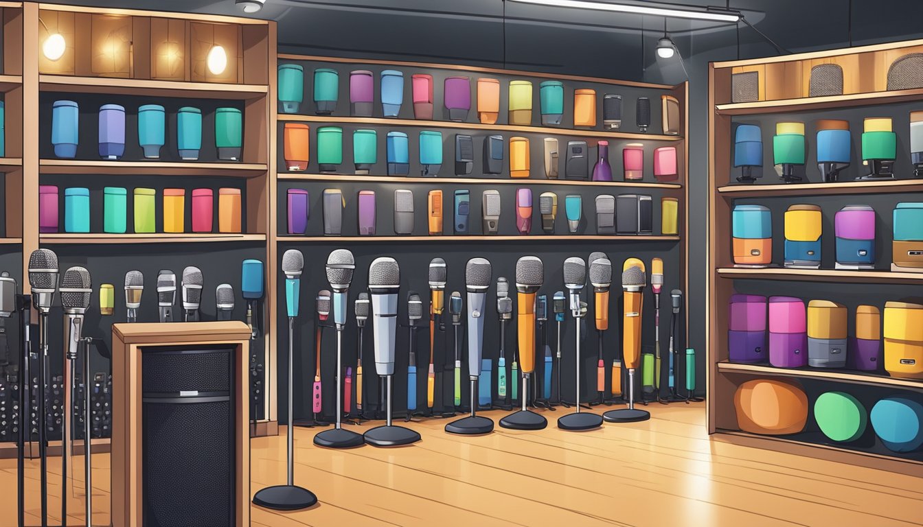 A display of various microphones in a music store, with labels indicating different types and prices. Bright lighting and clean, organized shelves