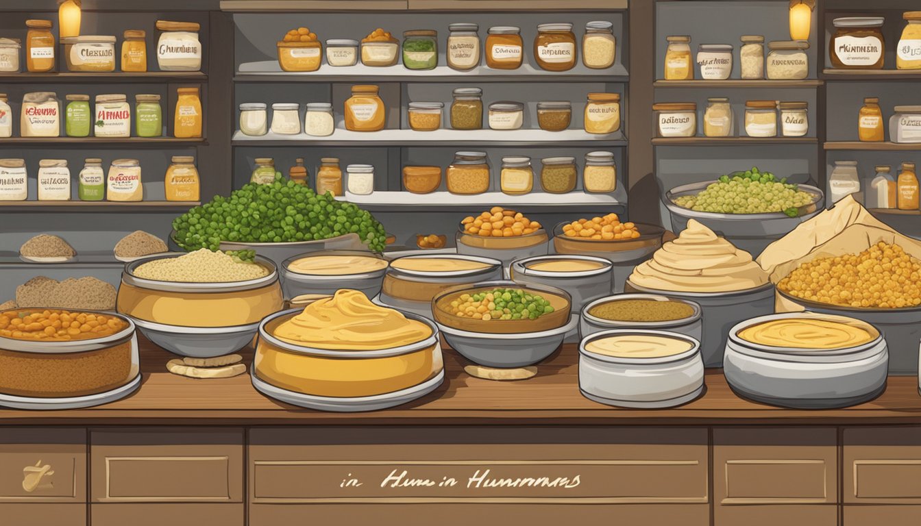 A table displays various hummus flavors and accompaniments, with shelves of hummus jars in the background. A sign reads "Where to buy hummus in Singapore."