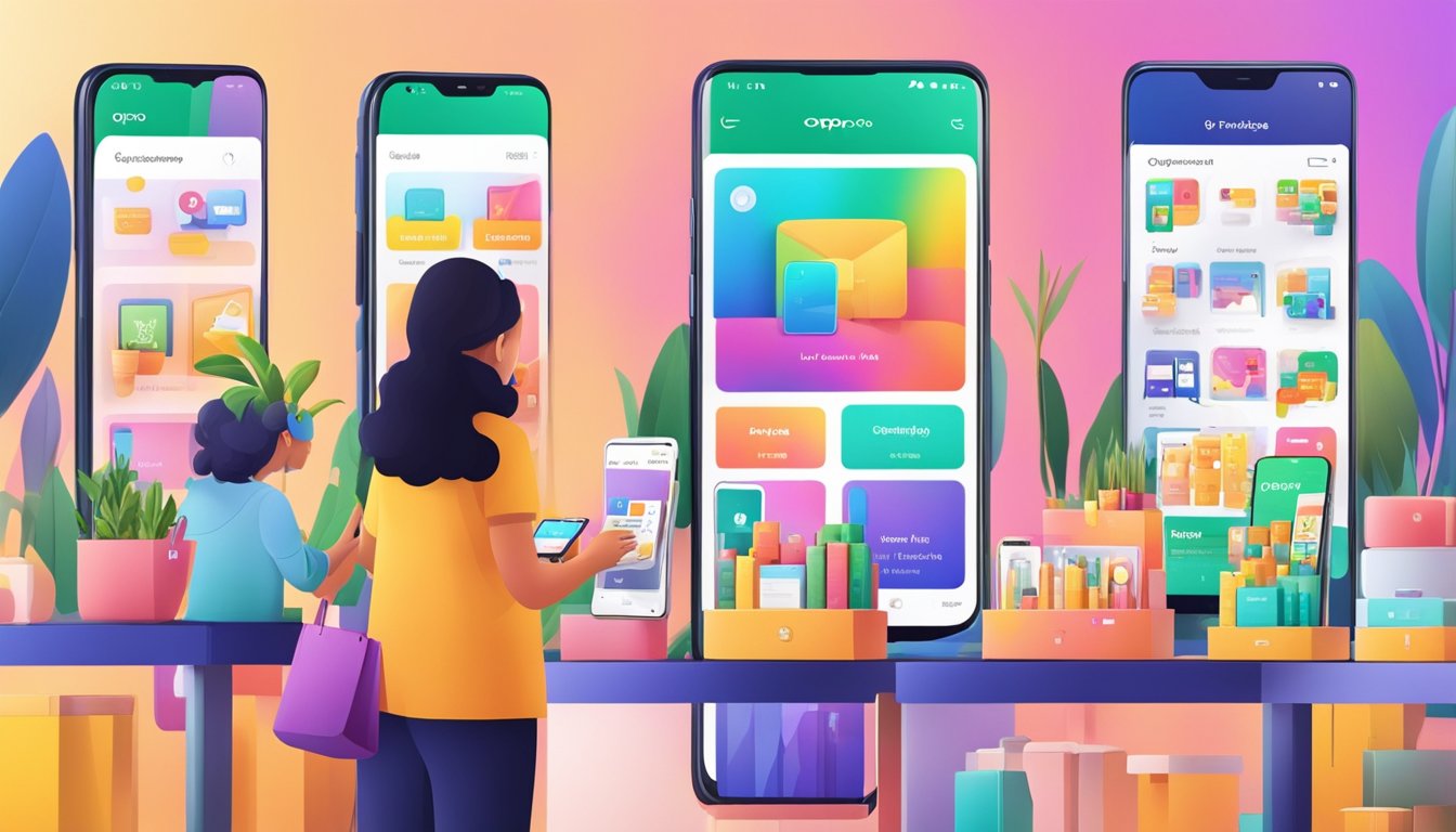 A colorful online marketplace with a variety of Oppo mobile phones displayed. Customers browse and select products while a customer service representative stands ready to assist