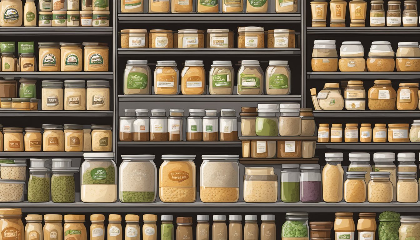 A busy grocery store shelf filled with various brands of hummus jars and containers, with a "Frequently Asked Questions" sign prominently displayed