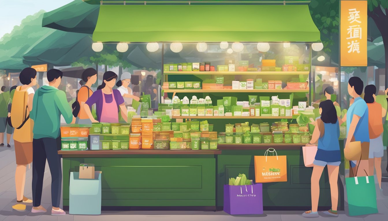 A bustling market stall displays vibrant matcha green tea powder in Singapore. Shoppers eagerly sample and purchase the product, surrounded by colorful packaging and informative signage