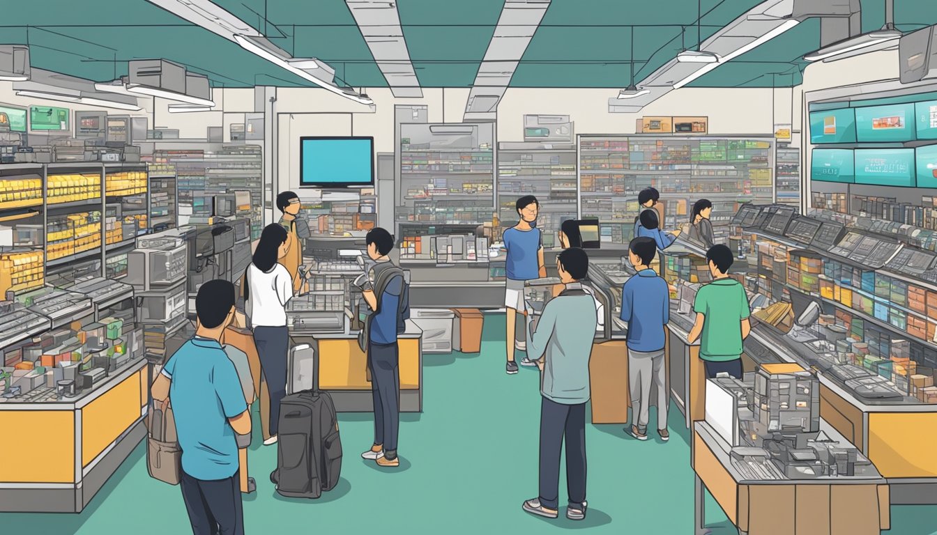 A bustling electronics store in Singapore, with shelves stocked with microphones and customers asking staff for help