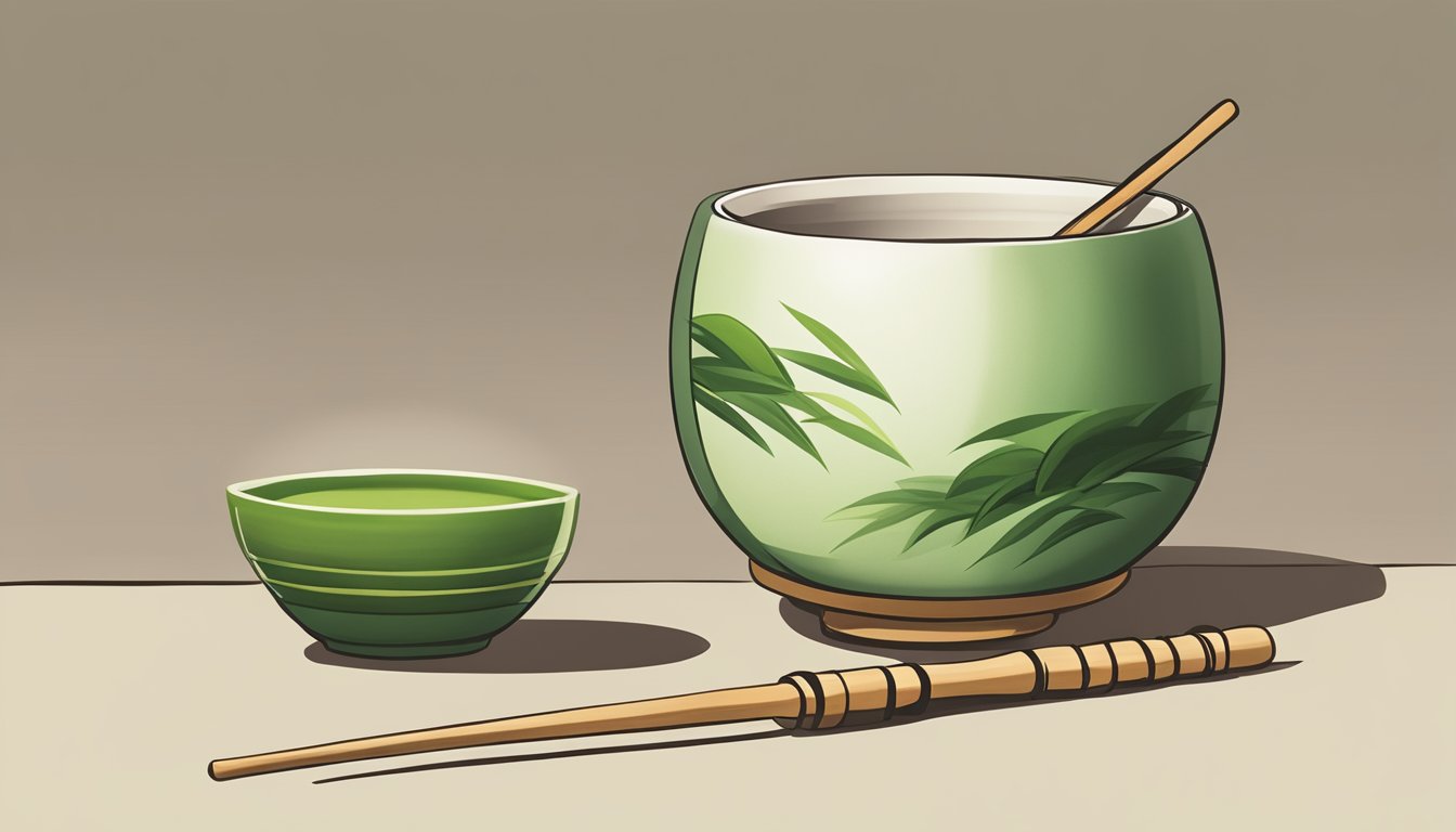 A serene scene of a matcha green tea bowl with a bamboo whisk and a small spoon next to it, set against a backdrop of traditional Japanese tea utensils and a serene, minimalist setting