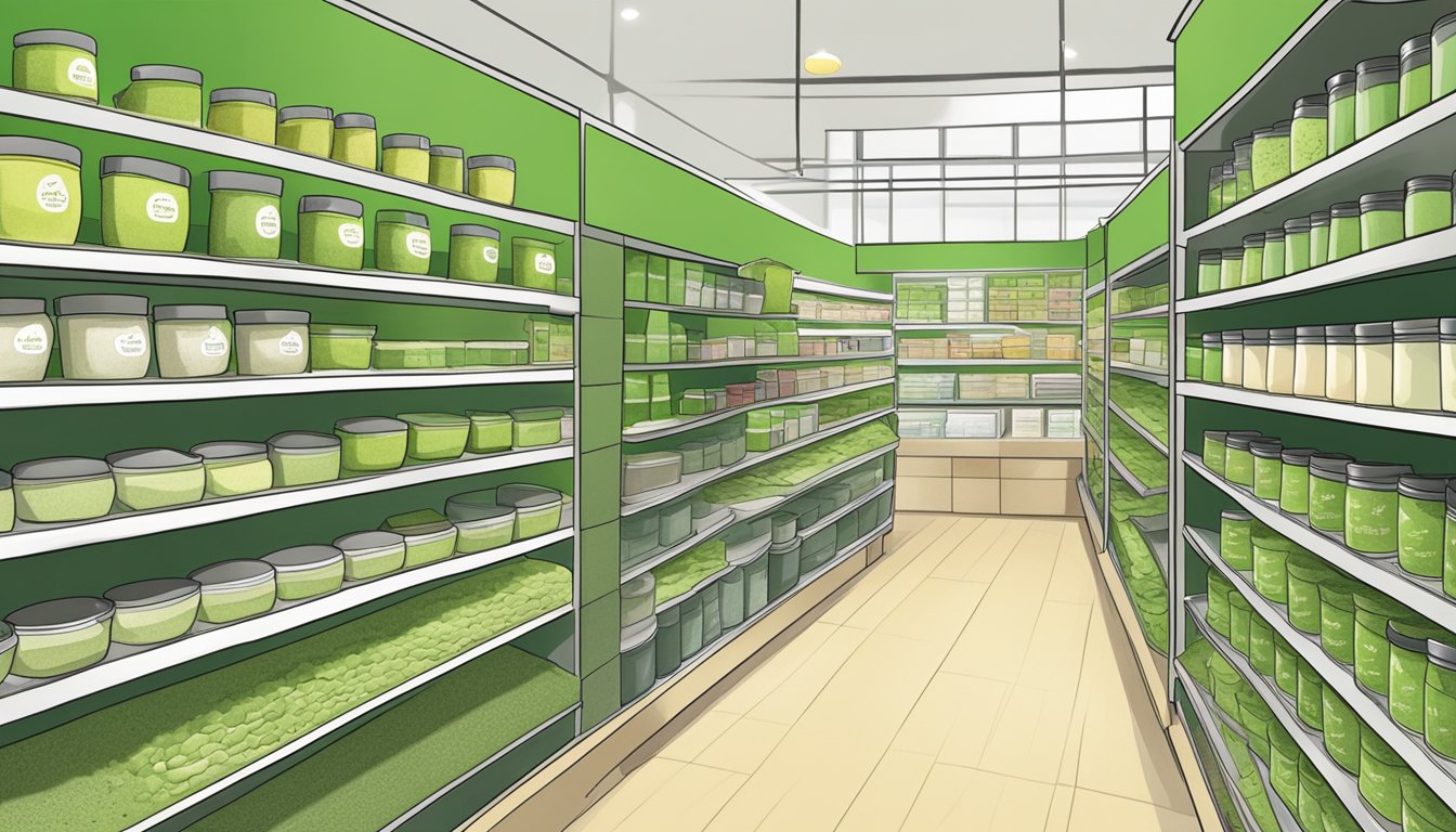 Shelves stocked with matcha green tea powder in a Singaporean store