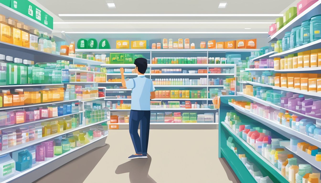 A bustling pharmacy in Singapore, shelves stocked with various immunped products, a bright sign displaying "Where to buy immunped" in bold letters