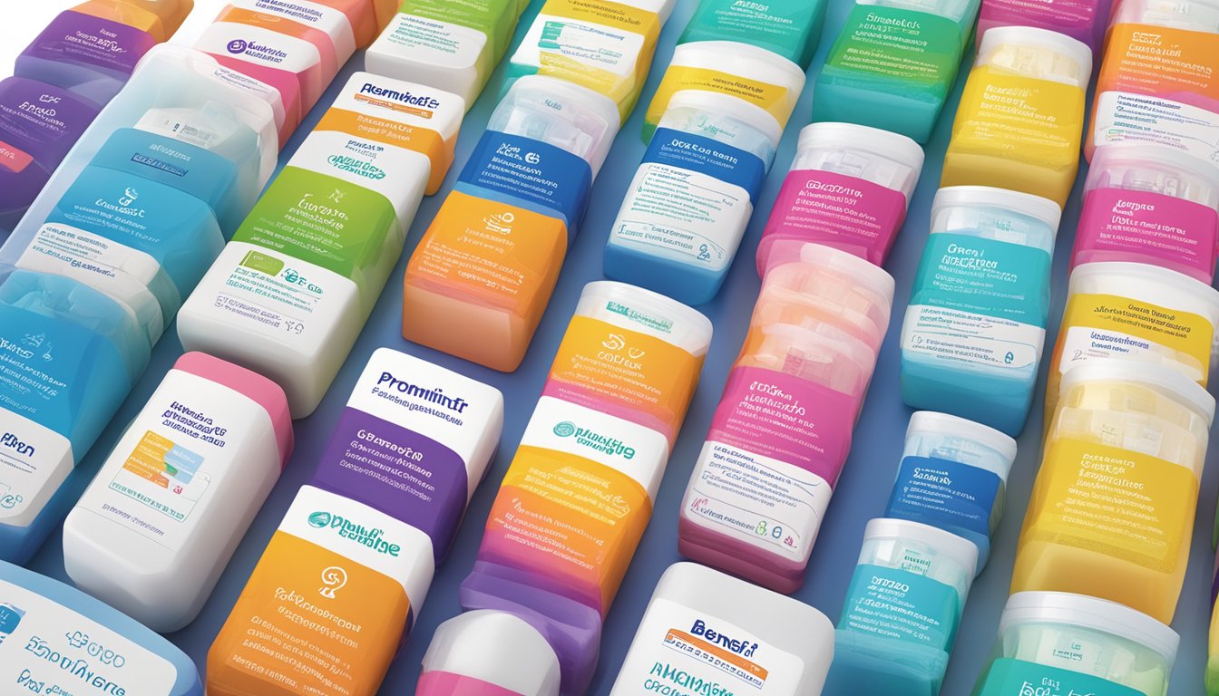 A colorful display of Immunped products with clear labels and pricing, set against a bright and inviting backdrop. The words "Benefits and Usage" prominently displayed