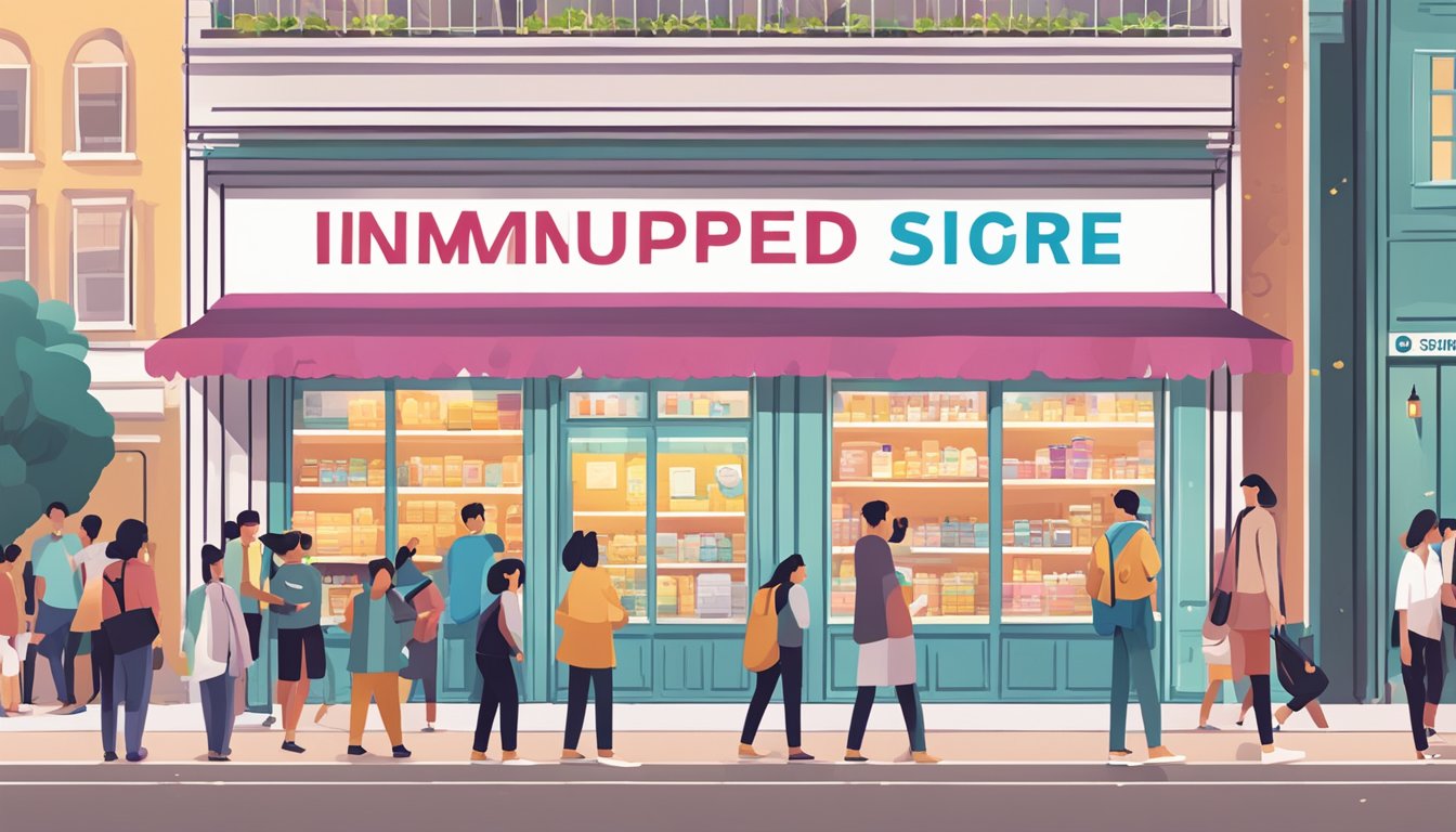 A brightly lit store front with a sign reading "Immunped Singapore" surrounded by a crowd of people with question marks hovering above their heads