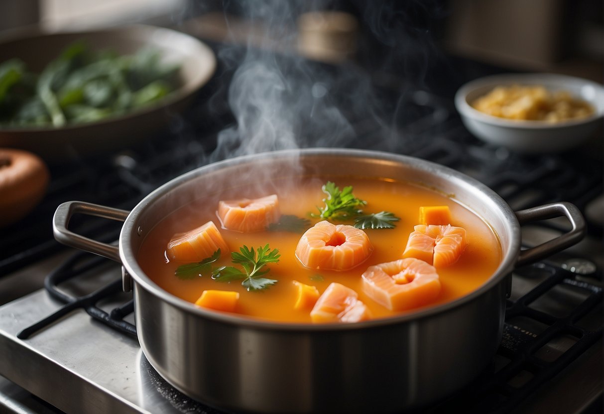 A steaming pot of papaya fish soup simmering on a stove, with chunks of papaya and fish floating in a clear, savory broth