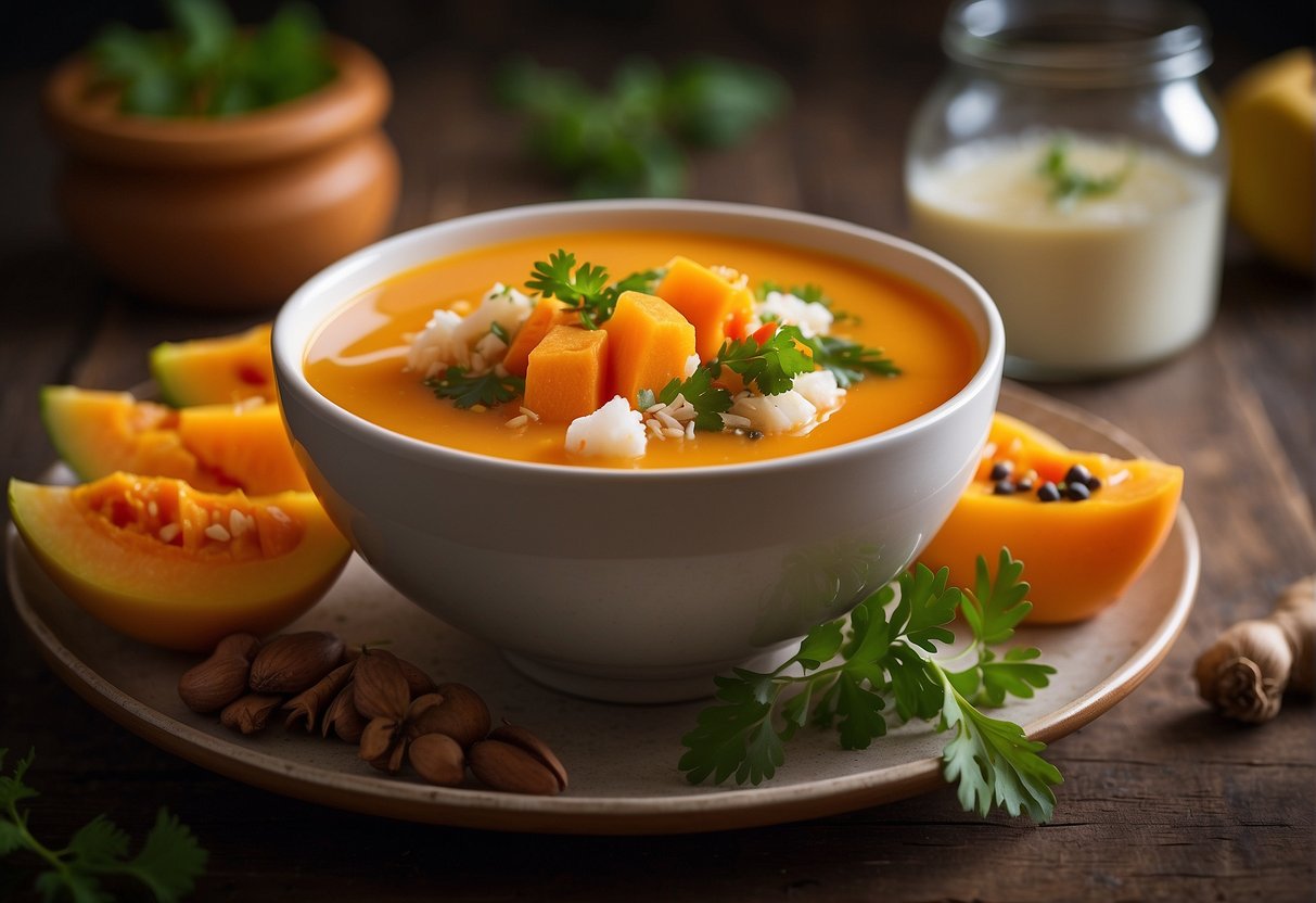 A steaming bowl of papaya soup with chunks of tender meat and vegetables, garnished with fresh herbs and spices