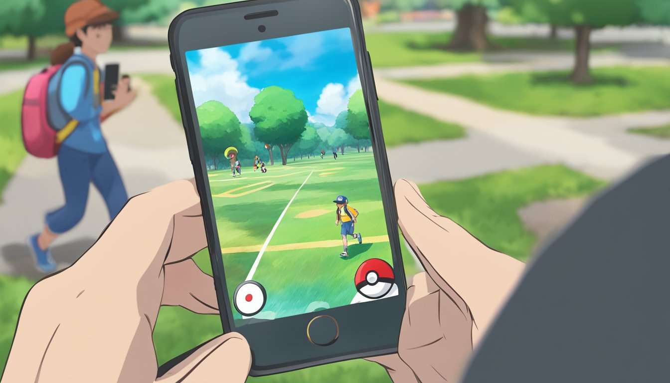 A Pokémon GO Plus device is shown connected to a smartphone, with a Pokémon appearing on the screen. A happy trainer is walking in the background