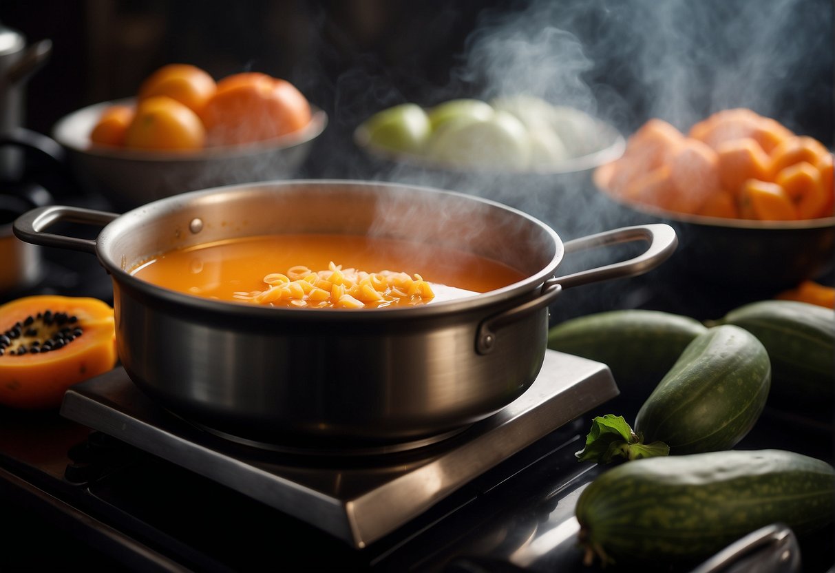 A steaming pot of papaya soup simmers on a stove, surrounded by traditional Chinese cooking ingredients and utensils. The papaya, sliced and ready to be added, is the focal point of the scene