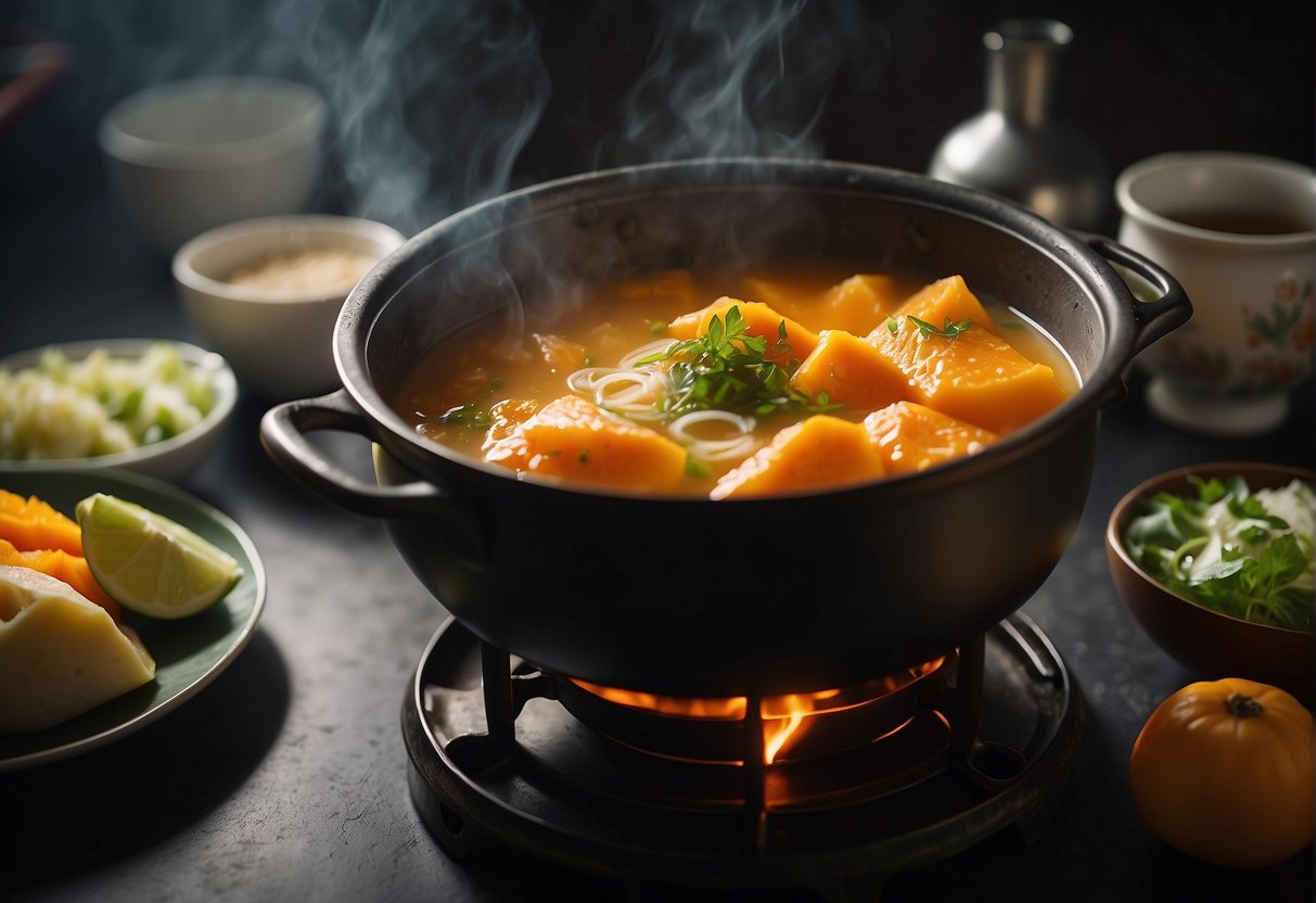 Papaya and fish simmer in a fragrant Chinese soup. Ingredients are chopped, stirred, and steamed in a large pot over a flaming stove