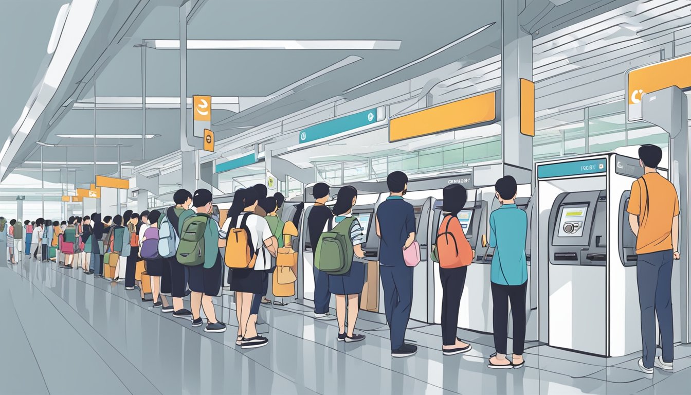 Passengers lining up at a ticket machine in a clean, modern MRT station in Singapore, with signs indicating where to purchase MRT cards