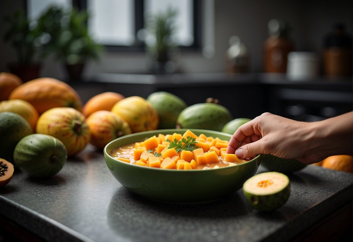 A hand reaches for papayas, ginger, and scallions on a kitchen counter for a Chinese papaya soup recipe