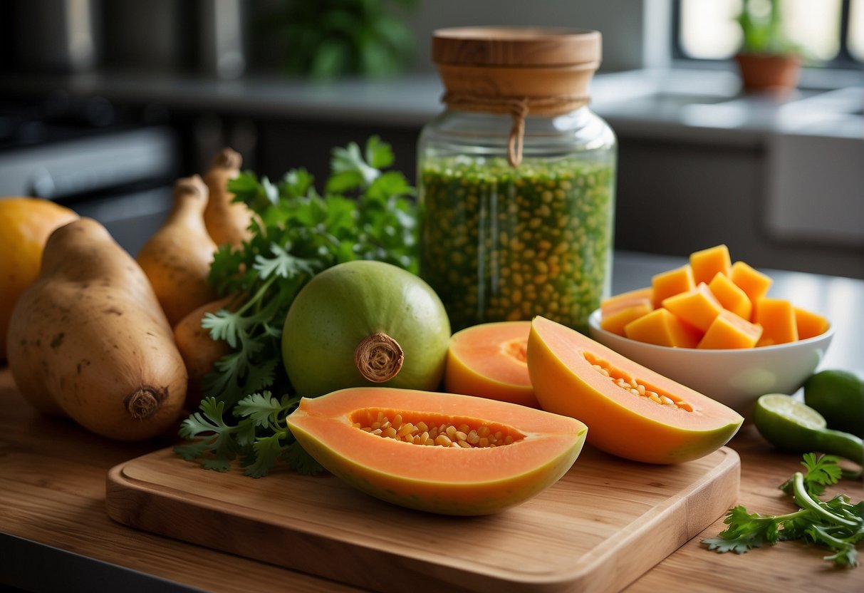 Papaya, ginger, and chicken broth in a pot. A chef slicing scallions and cilantro on a cutting board. Ingredients laid out on a kitchen counter