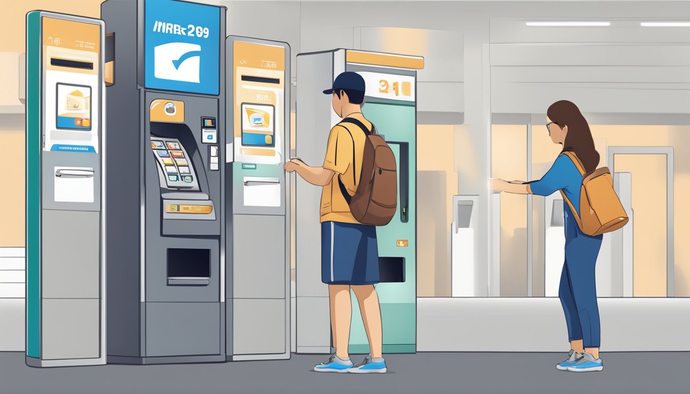 A person approaches the MRT card vending machine in Singapore. They insert money and select the desired amount to load onto the card before taking the card and receipt