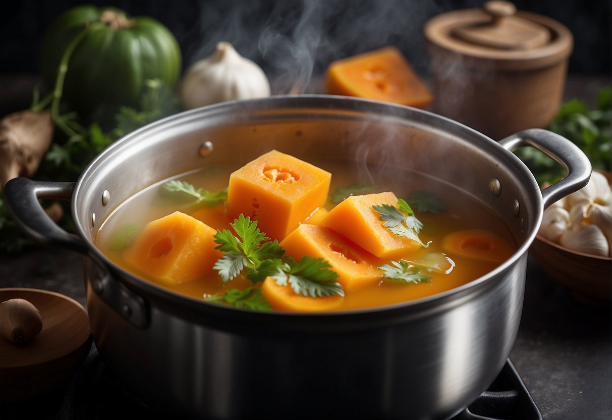 Papaya chunks simmer in a pot of fragrant broth, surrounded by ginger, garlic, and herbs. Steam rises as the soup cooks on a stovetop