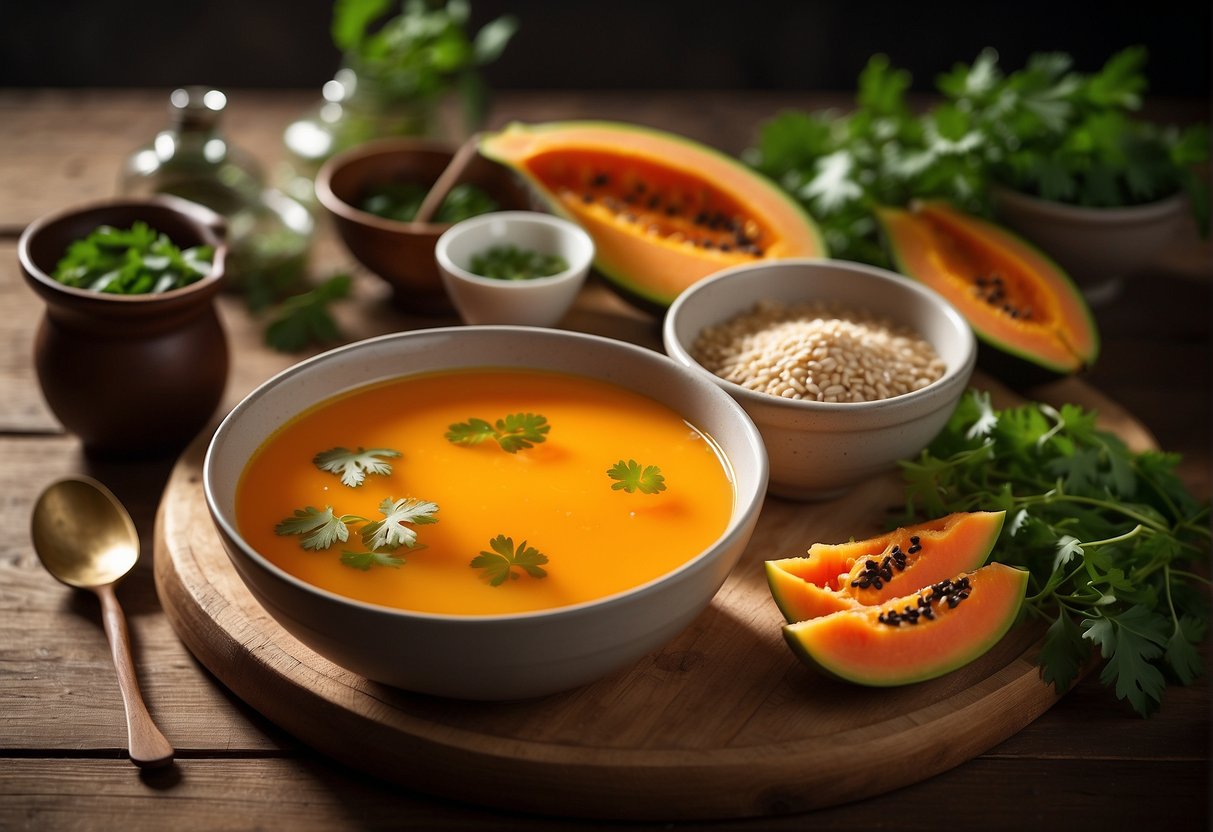 A steaming bowl of papaya soup with Chinese herbs and spices, garnished with fresh cilantro and a dash of sesame oil, presented on a wooden table