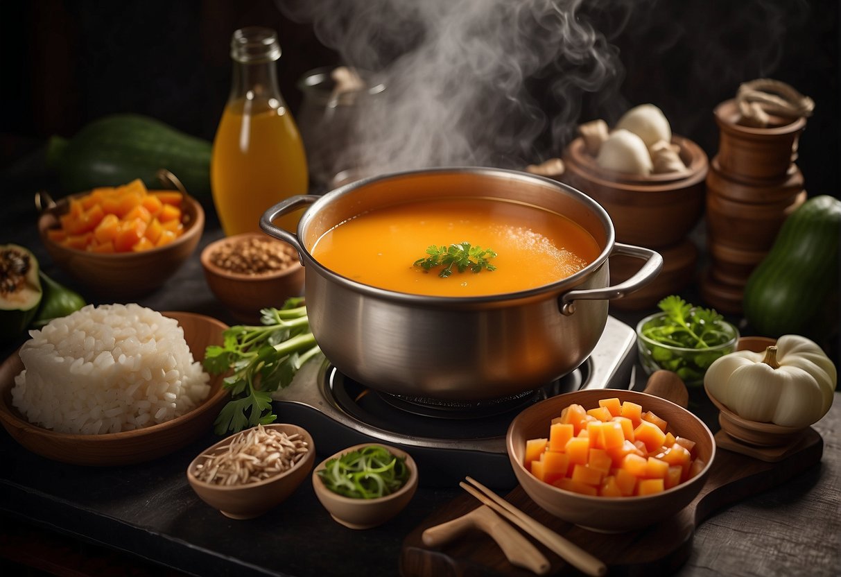 A steaming pot of papaya soup simmers on a stove, surrounded by traditional Chinese cooking ingredients and utensils. The recipe book is open to the "Frequently Asked Questions" page