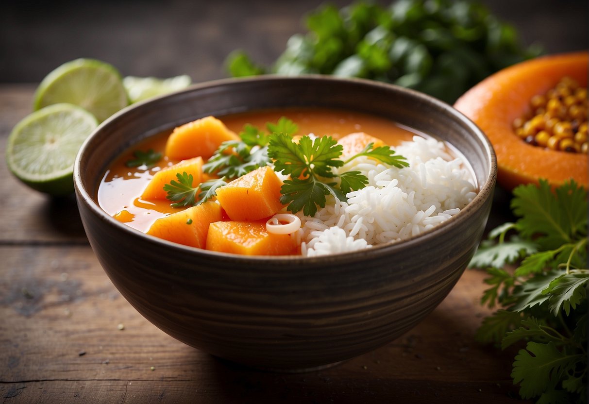 A steaming bowl of papaya fish soup is placed on a wooden table, garnished with fresh cilantro and served with a side of steamed rice