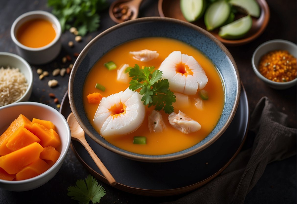 A steaming bowl of papaya fish soup with Chinese spices, surrounded by ingredients like fish, papaya, ginger, and green onions