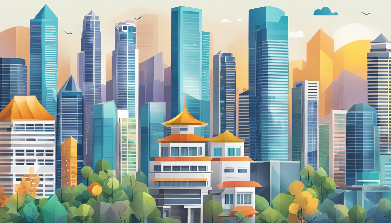 A bustling cityscape with skyscrapers and a vibrant real estate market, featuring graphs and charts indicating market insights and financial considerations for buying landed property in Singapore